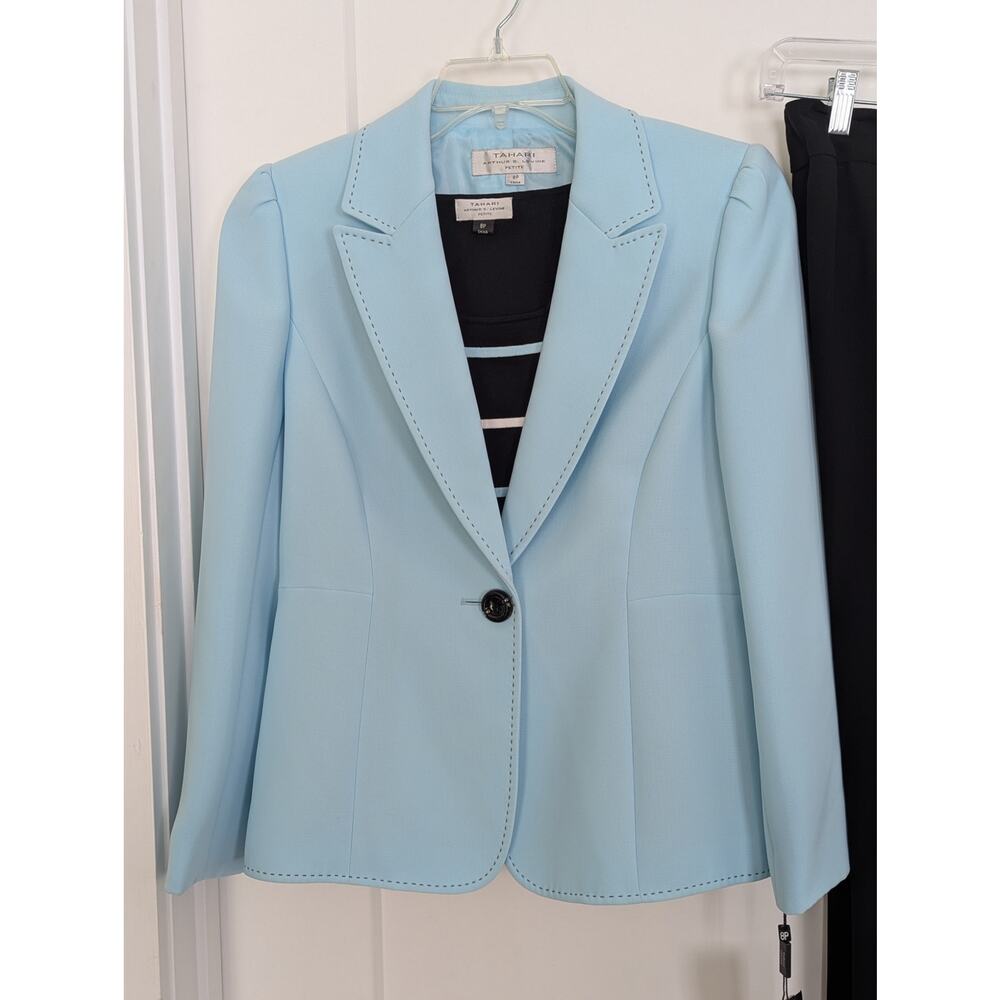NWT Tahari Arthur S. Levine 3 Pc Pant Suit Set Light Blue Blazer Tank Black 8P - Picture 2 of 9